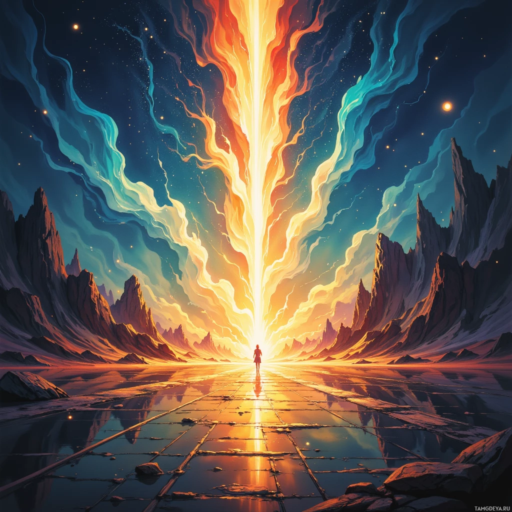 Человек стоит в центре зеркального пути, ведущего к сияющему, красочному источнику света в фантастическом пейзаже с величественными горами и звездным небом.