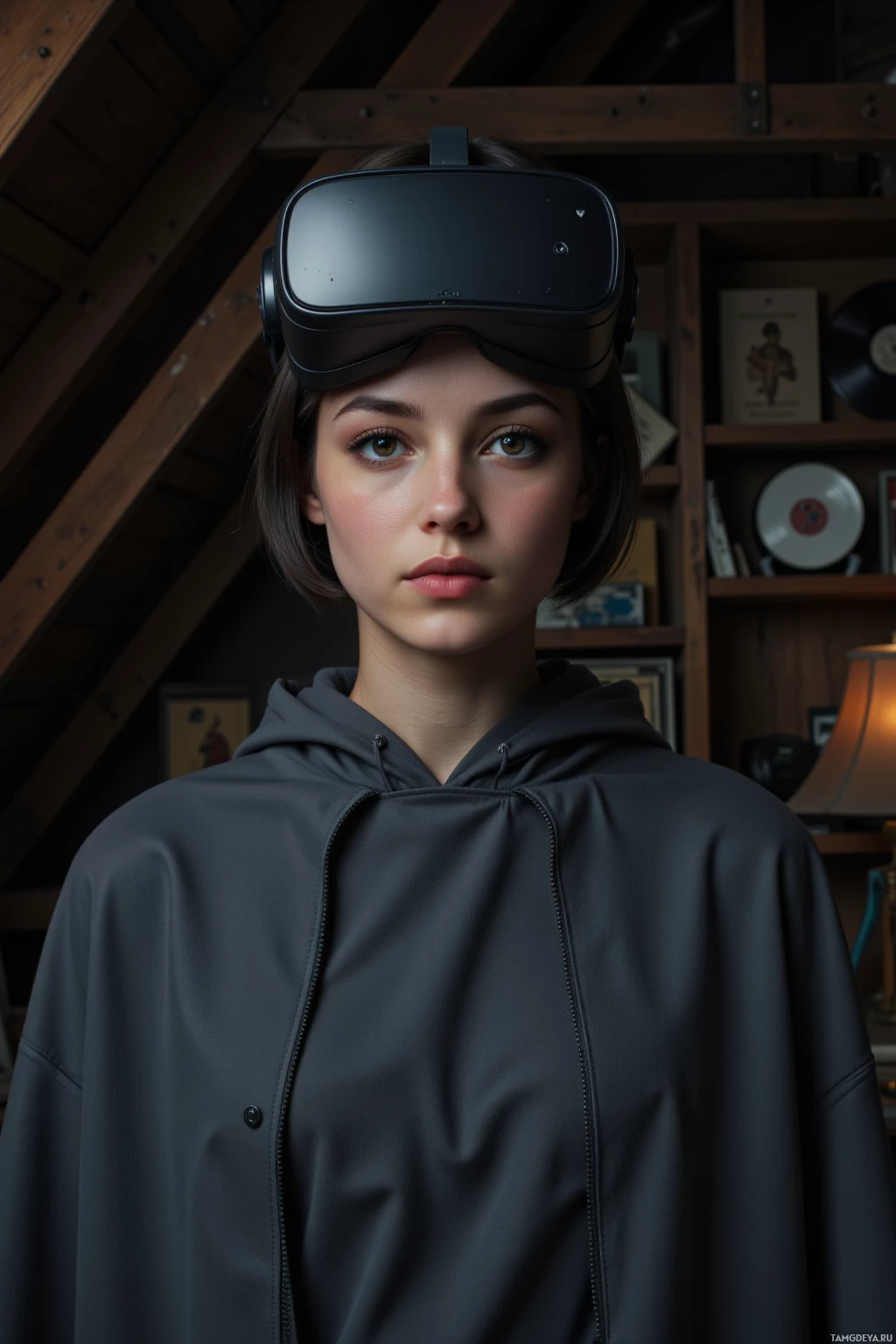 Человек в VR-шлеме и темной толстовке стоит в комнате с деревянными балками и полками.