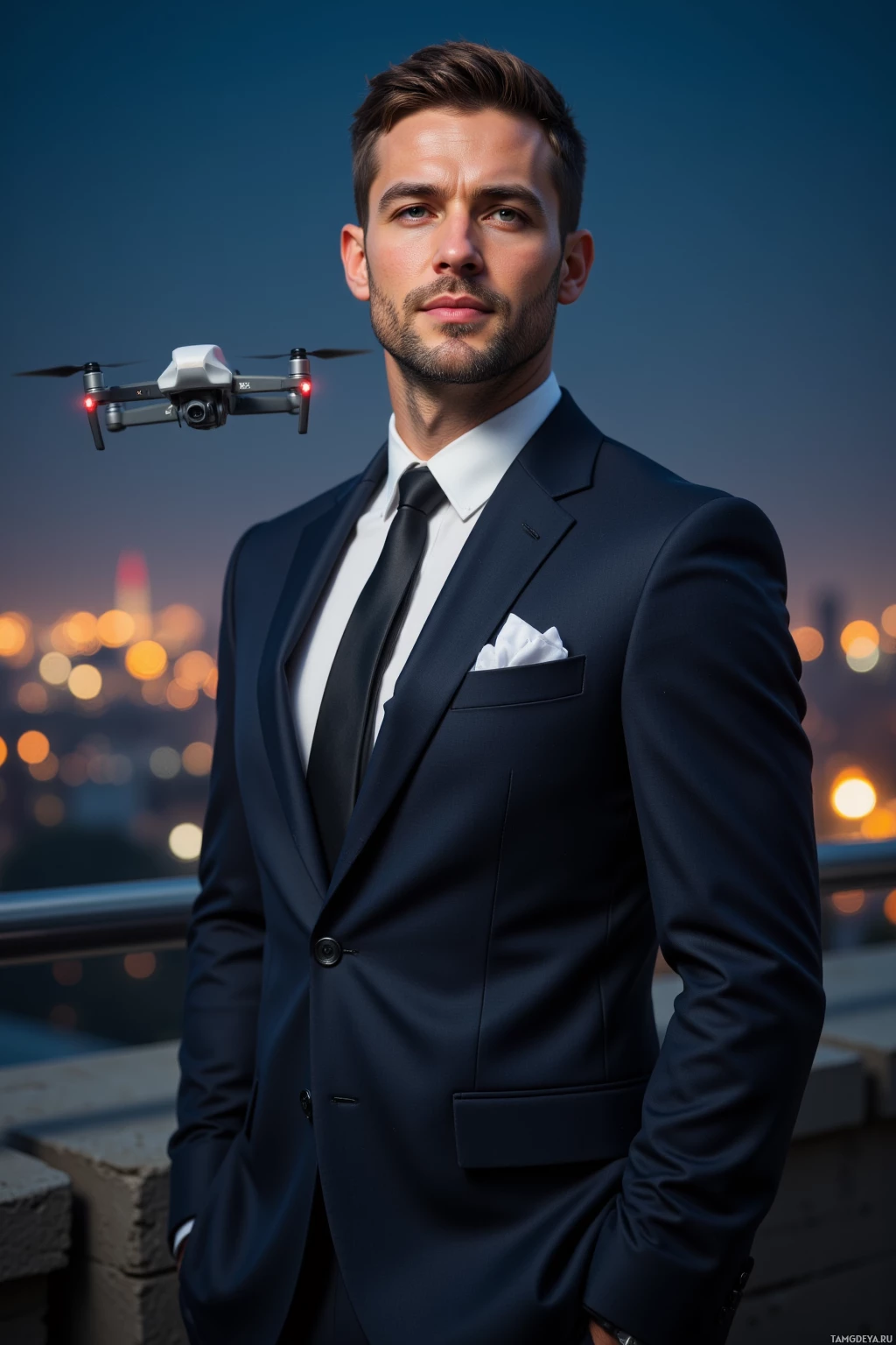 Мужчина в костюме стоит на крыше дома на закате, неподалеку парит дрон.