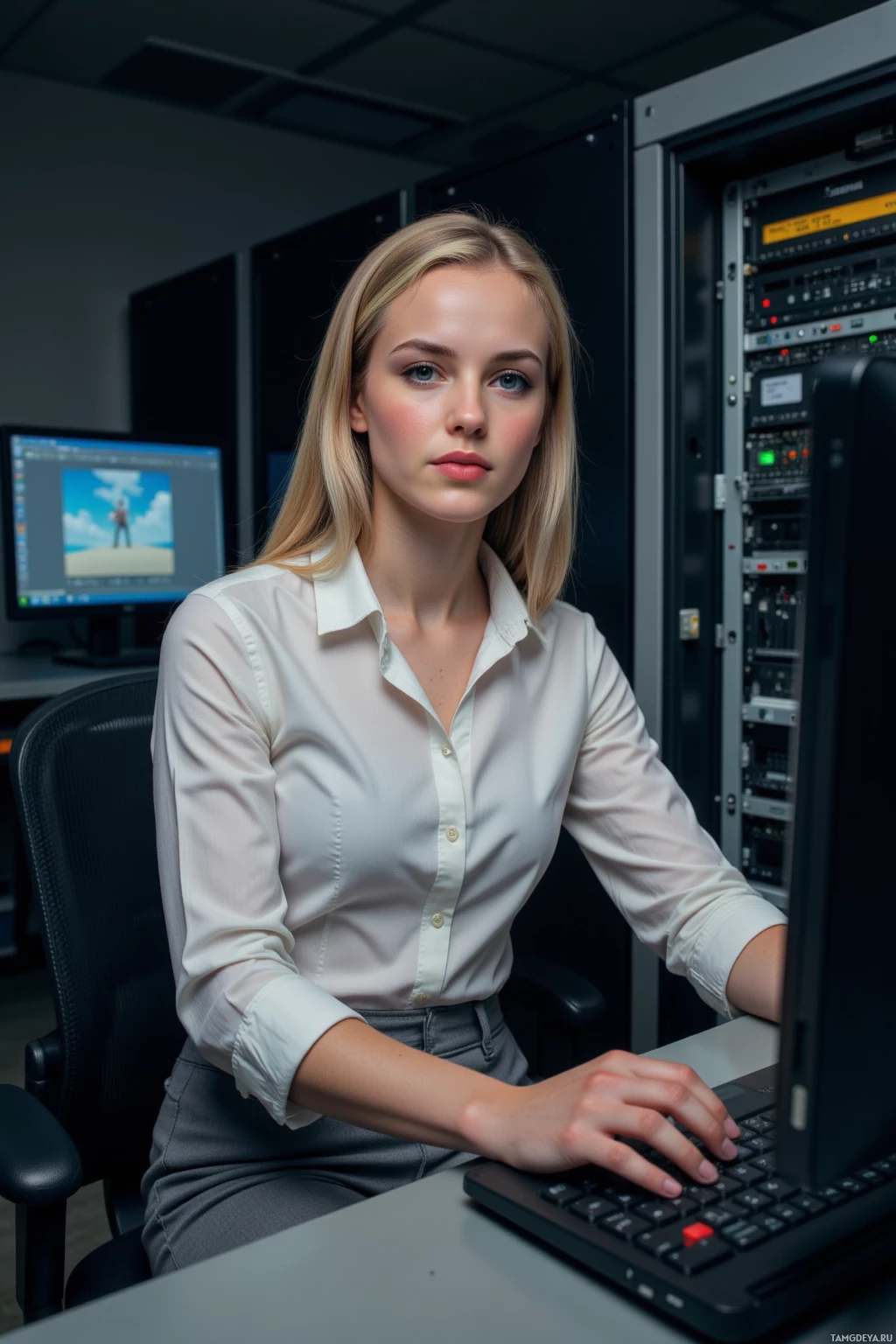 Женщина в белой рубашке сидит за столом и работает на компьютере в серверной.