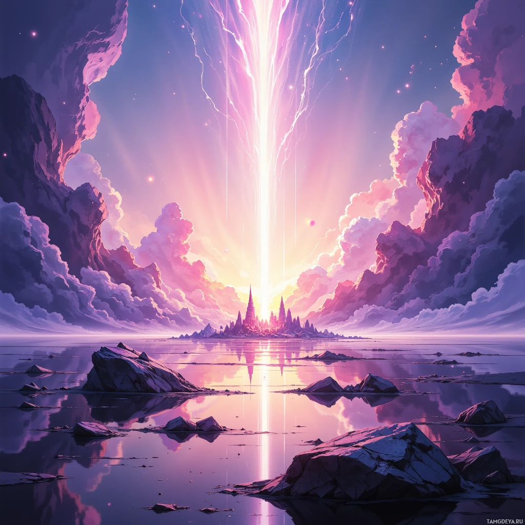 Безмятежный пейзаж с сияющим лучом света, спускающимся с неба и отражающимся в спокойных водах, на фоне скальных образований и пушистых облаков.