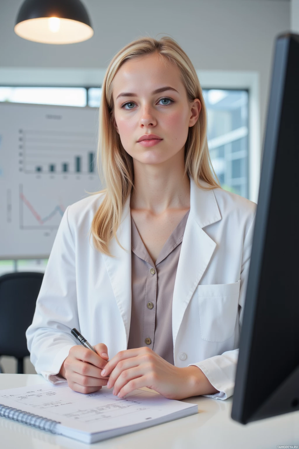 Женщина в деловой обстановке сидит за столом и что-то записывает в блокнот.