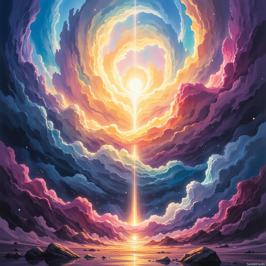 Яркое, неземное небо с кружащимися облаками и сияющим источником света в центре.