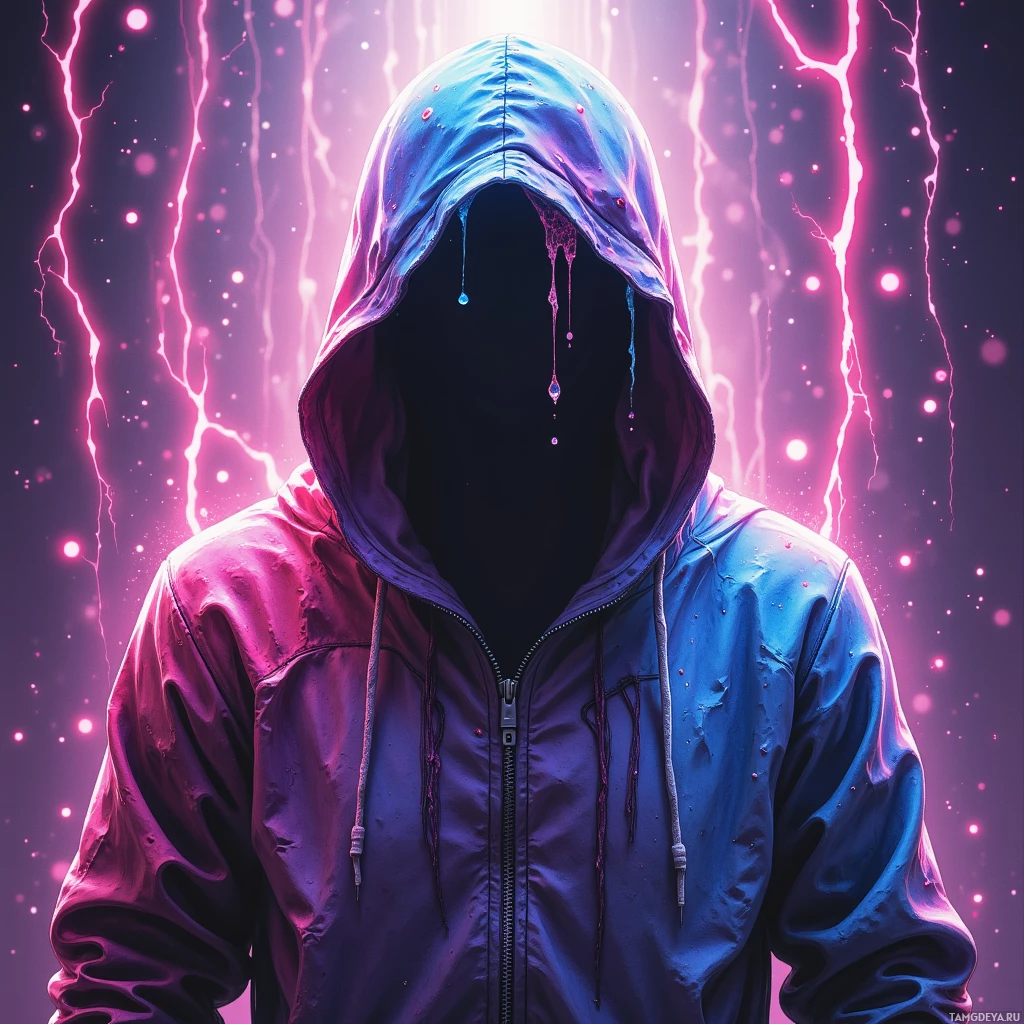 Фигура в капюшоне на фоне яркой, неоновой обстановки с капающей жидкостью и светящимися эффектами.