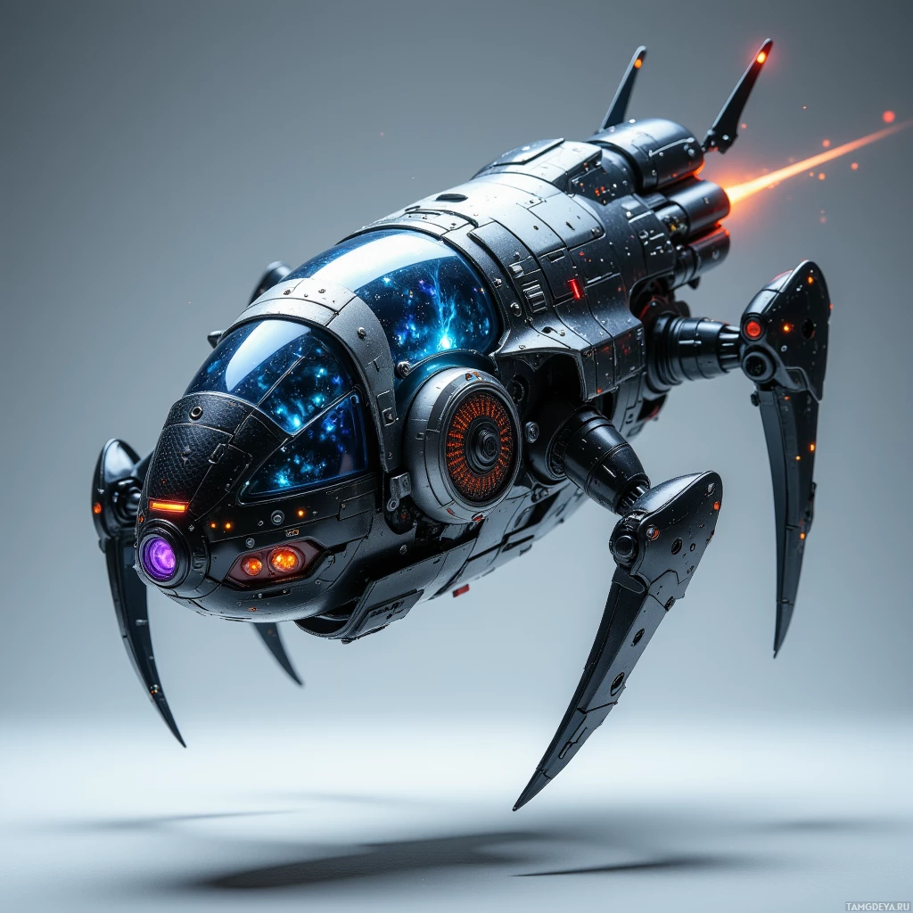 Футуристический, изящный космический корабль с мерцающими огнями и сложной конструкцией.