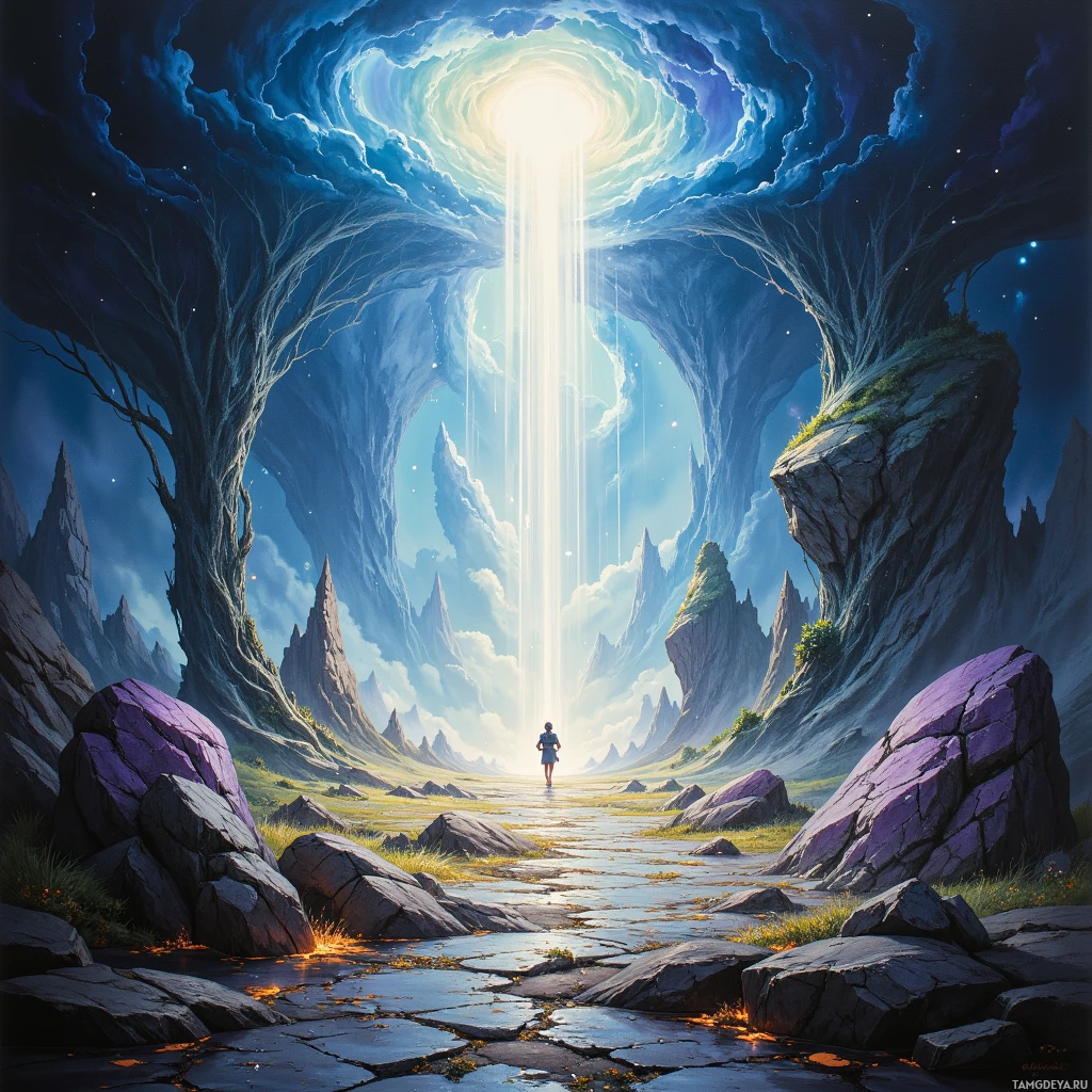 Одинокая фигура стоит у входа в таинственную пещеру, окутанная неземным светом.