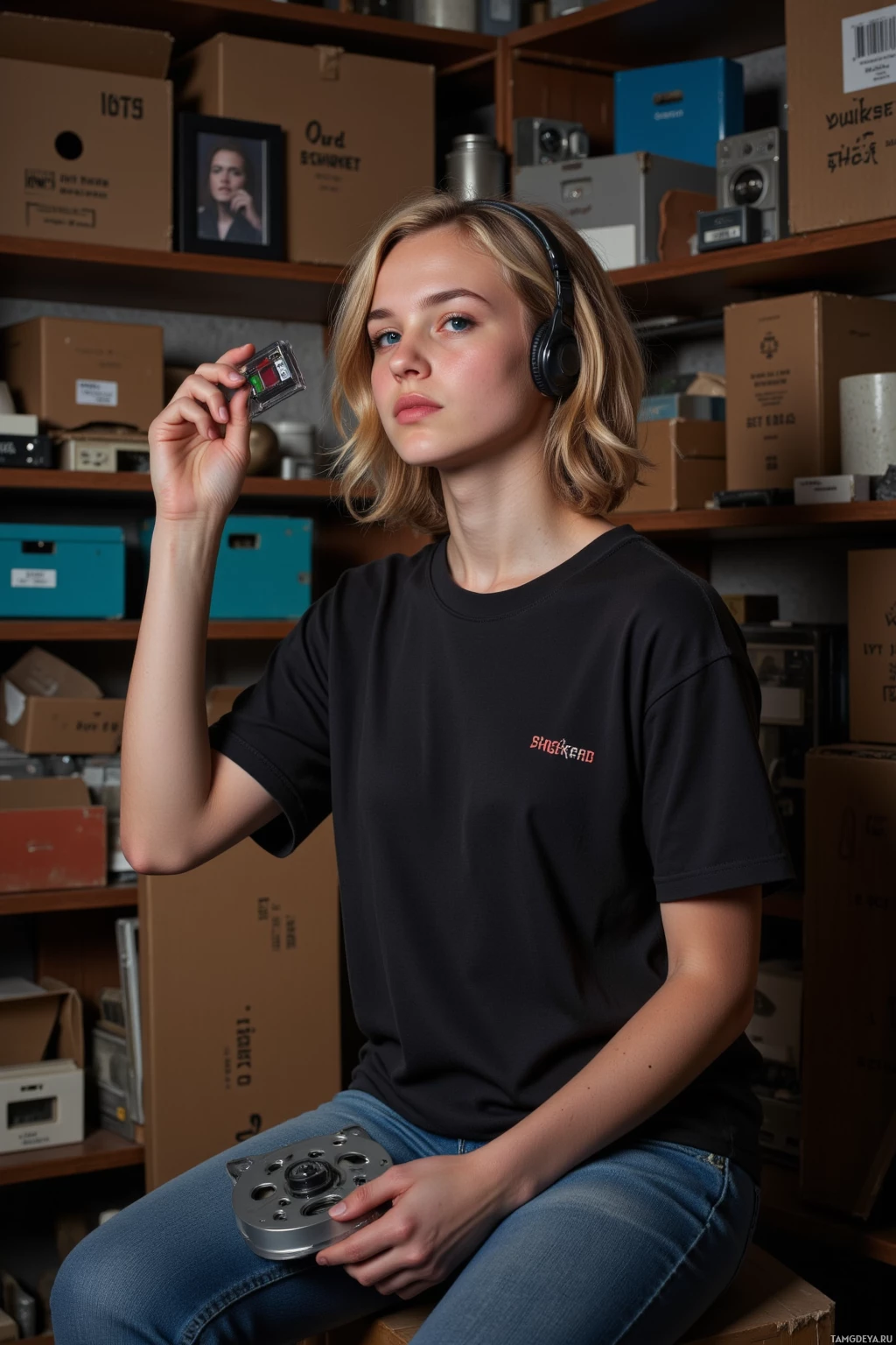 Realistic high quality photo. Female, 27, short curly blonde hair, blue eyes, wearing a black band t‑shirt and jeans, sits in a dim, dusty basement of a thrift shop surrounded by old boxes, holding a vintage 1978 tape reel in one hand, wearing headphones and listening intently, her expression a mix of quiet intensity and playful delight.