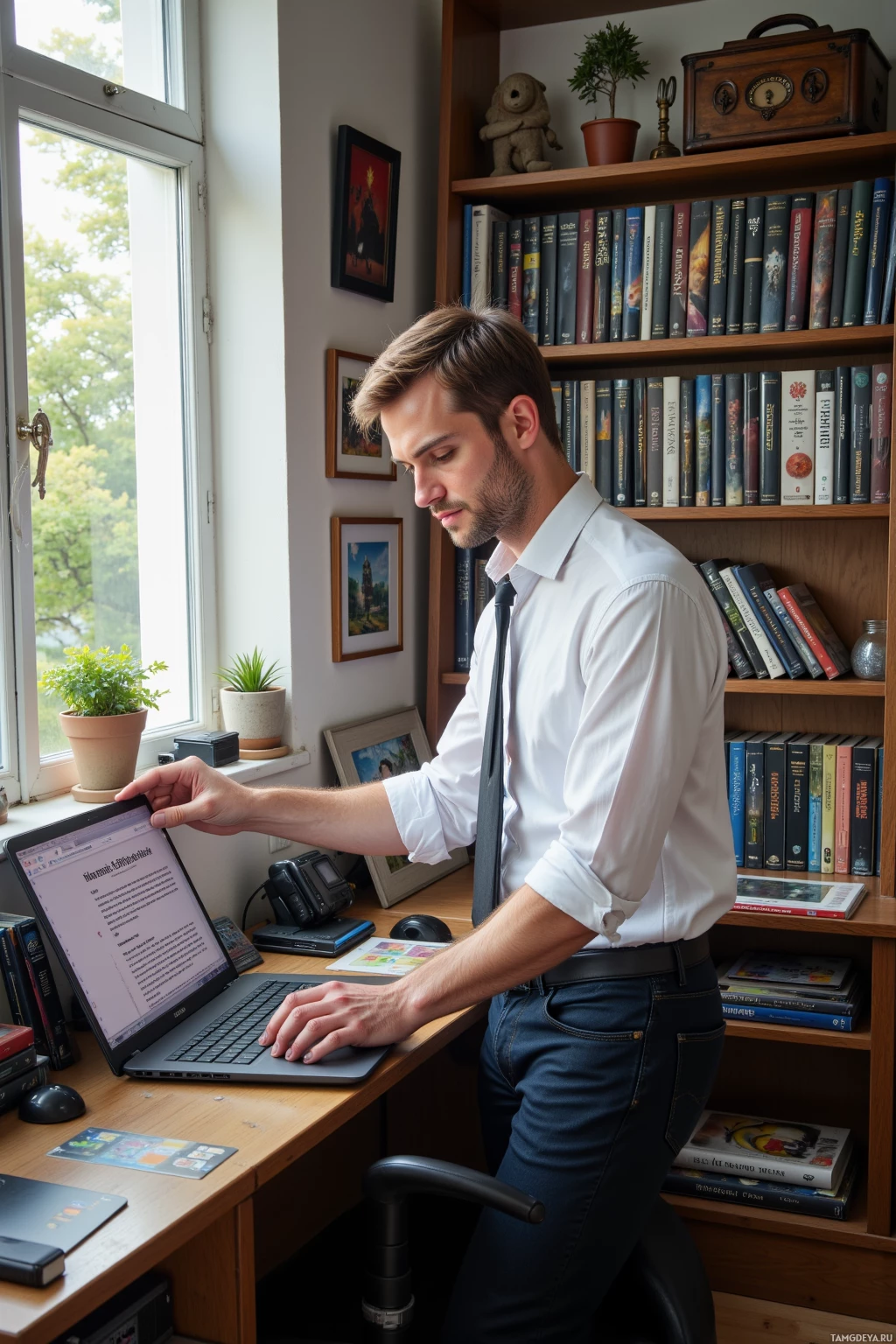 Мужчина в белой рубашке и галстуке работает за столом с ноутбуком, вокруг него книги и растения.