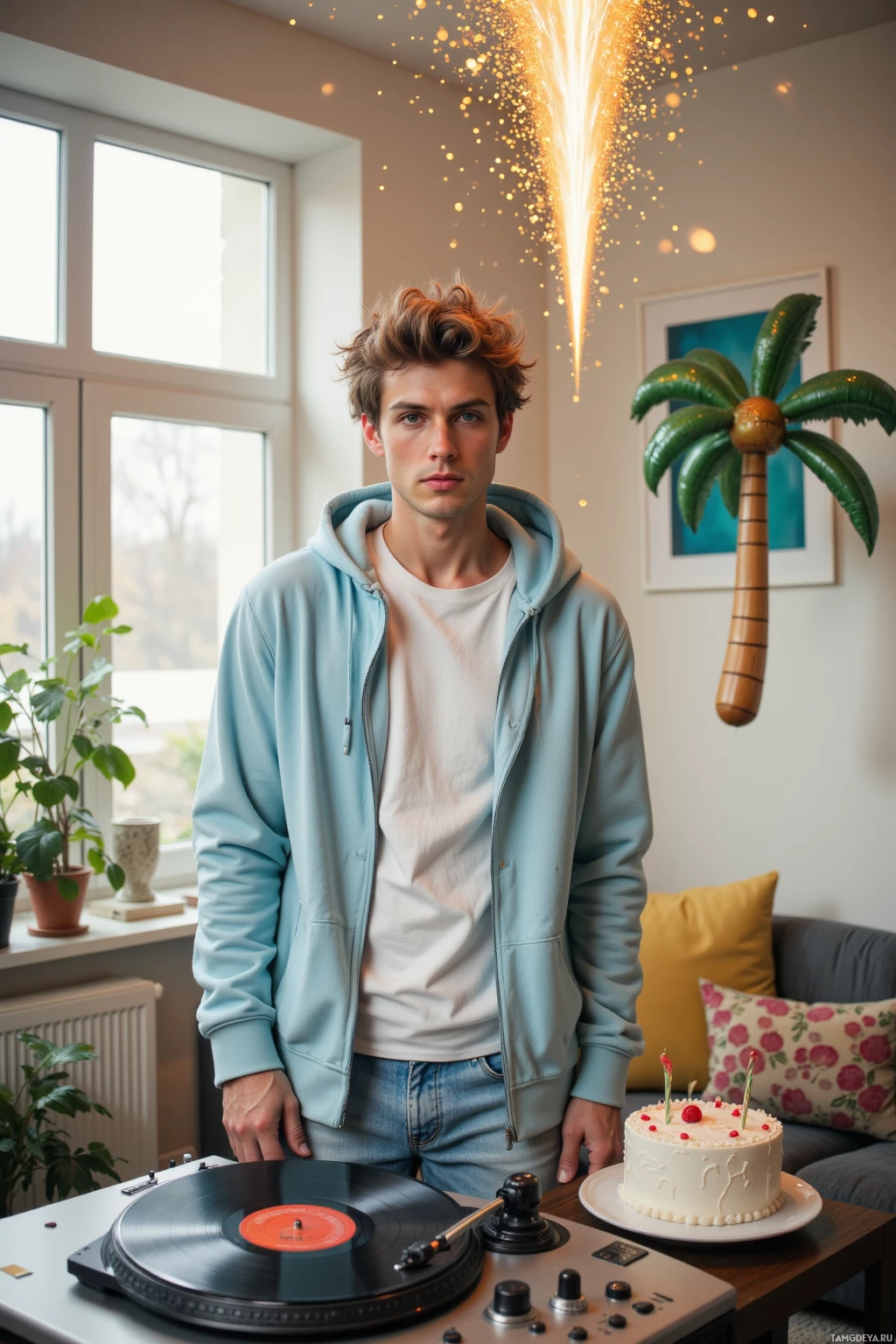 Молодой человек стоит в помещении рядом с проигрывателем и праздничным тортом со свечами.