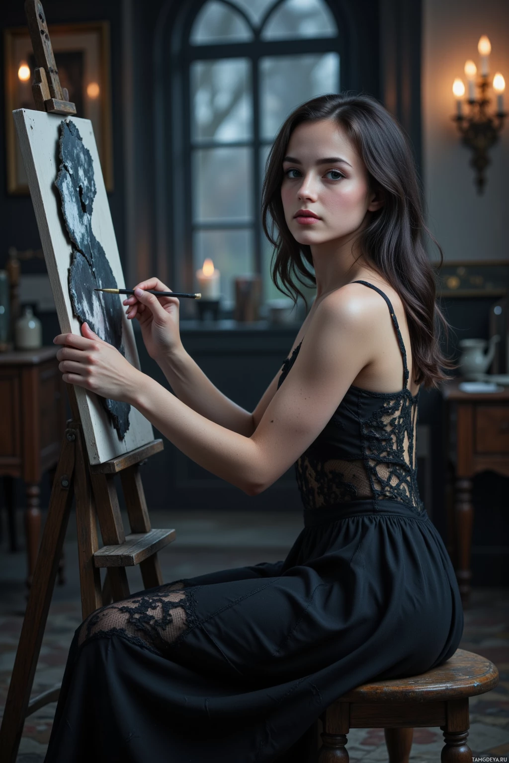 В полумраке комнаты женщина в черном платье сидит и рисует на мольберте.