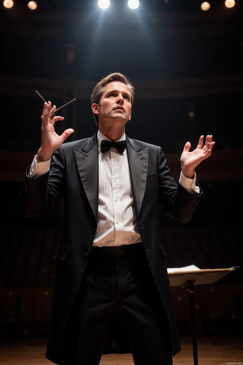 Дирижёр в чёрном костюме и бабочке стоит на сцене, держа в руках дирижёрскую палочку и жестикулируя.