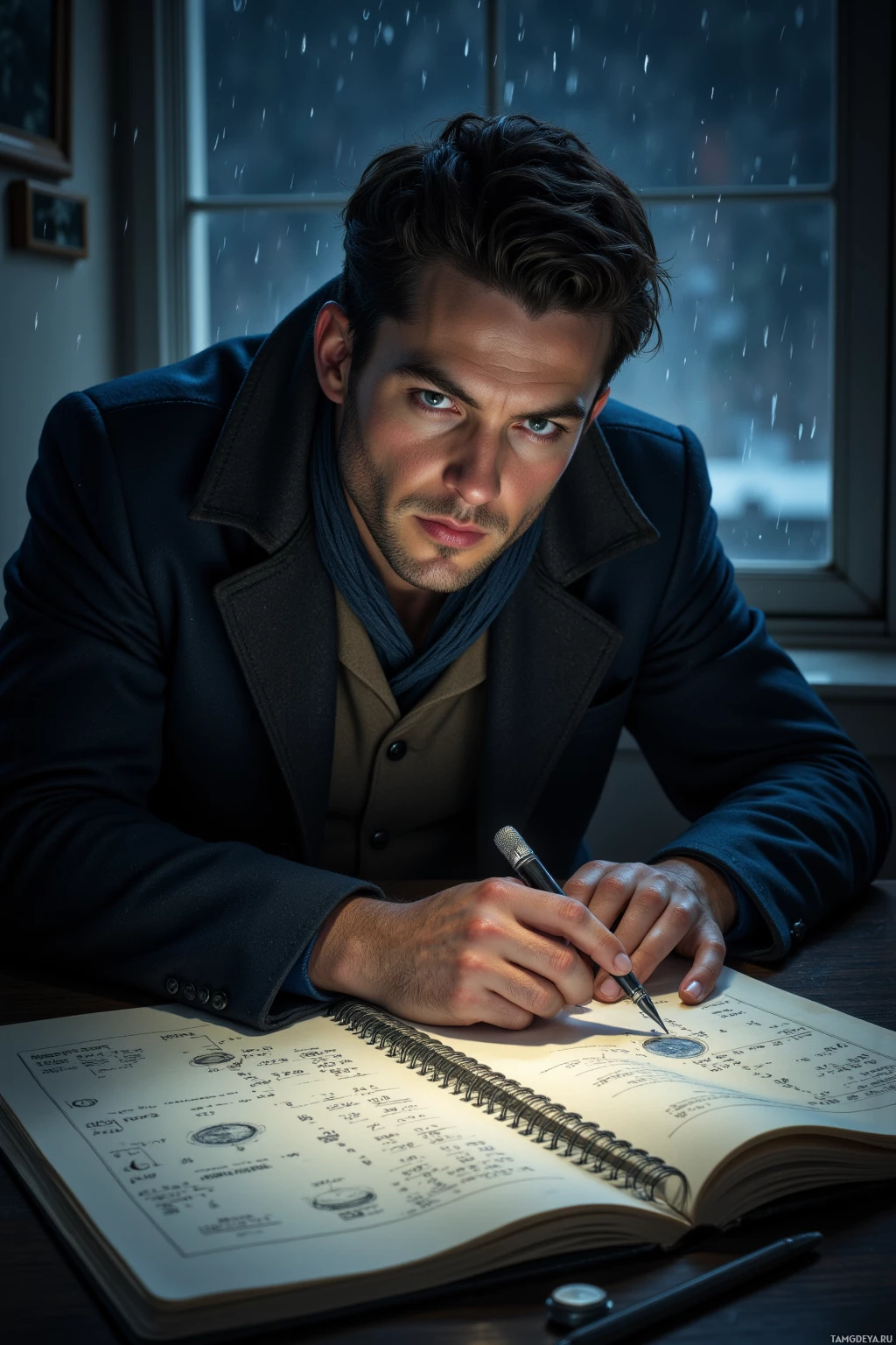 Мужчина в темном пальто склонился над столом и что-то записывал в блокнот ручкой.