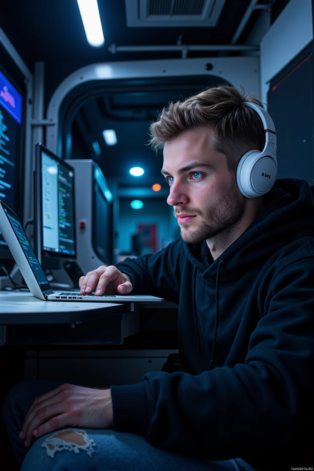 Человек в наушниках работает за ноутбуком в современном, полумрачном рабочем пространстве.