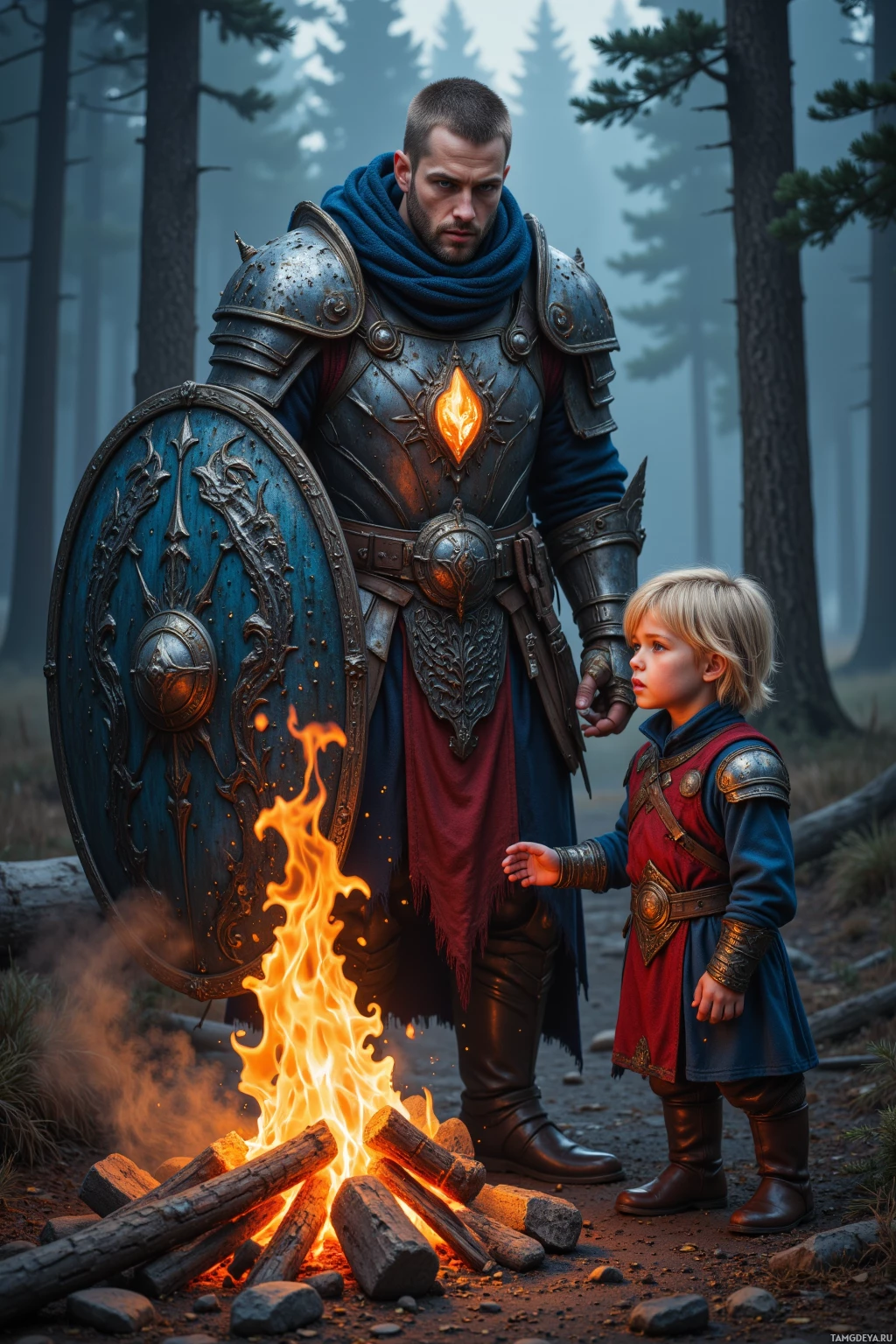 Рыцарь и ребёнок стоят у костра в лесу.