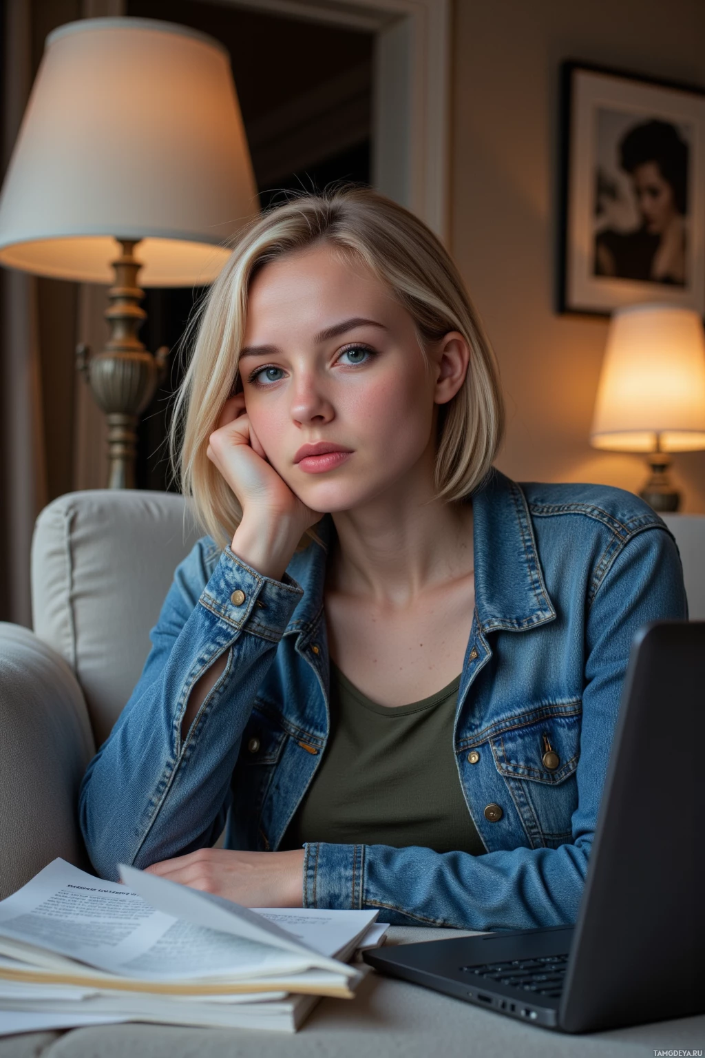 Человек в джинсовой куртке сидит на диване с ноутбуком и бумагами, задумавшись.