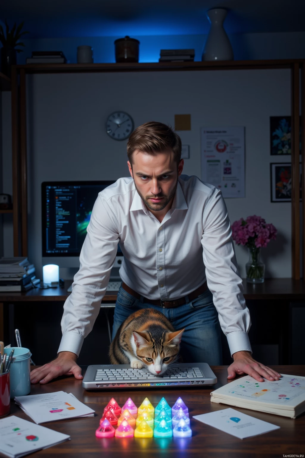Мужчина наклонился над столом, на коленях у него ноутбук с кошкой, вокруг – офисные принадлежности и яркие огни.