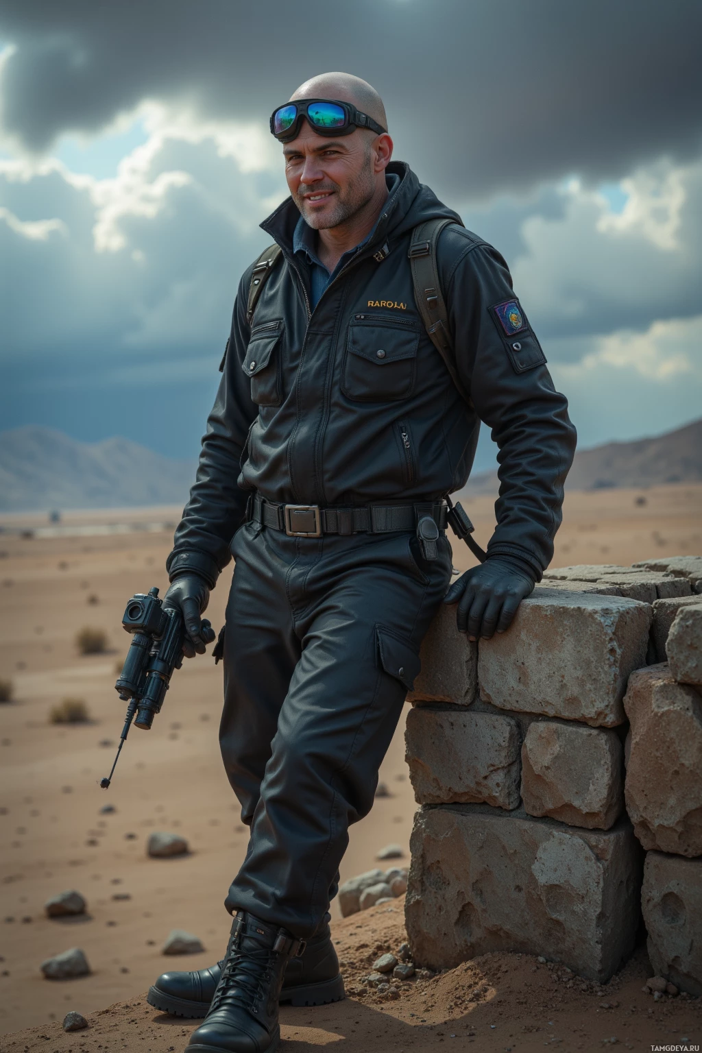 Мужчина в тактическом снаряжении стоит на фоне пустынного пейзажа, держа оружие.