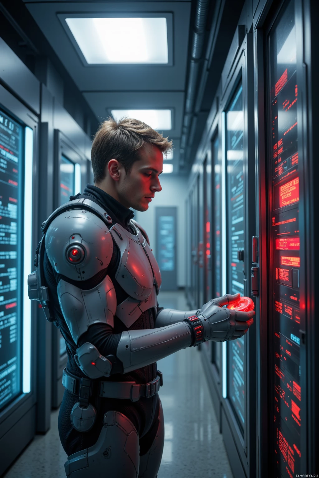 Человек в футуристических доспехах взаимодействует с высокотехнологичным интерфейсом в гладком, современном коридоре.