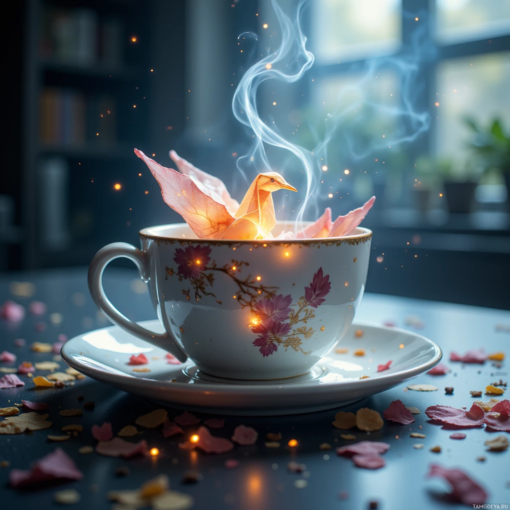 Чайная чашка с сияющим оригами-птицей и рассыпанными лепестками на столе.