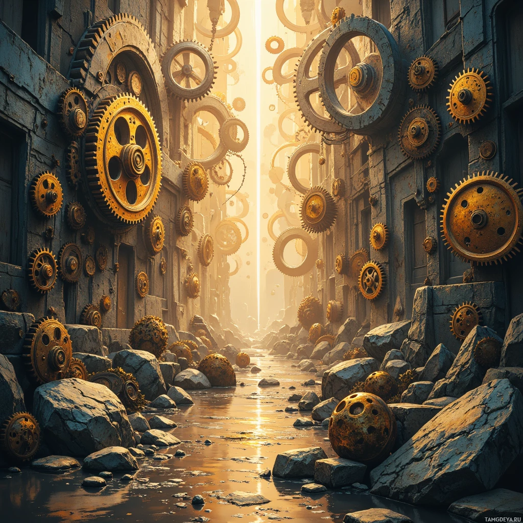 Солнечный переулок, обрамлённый массивными, богато украшенными шестернями и зубчатыми колёсами, уводящий к яркому свету в конце.