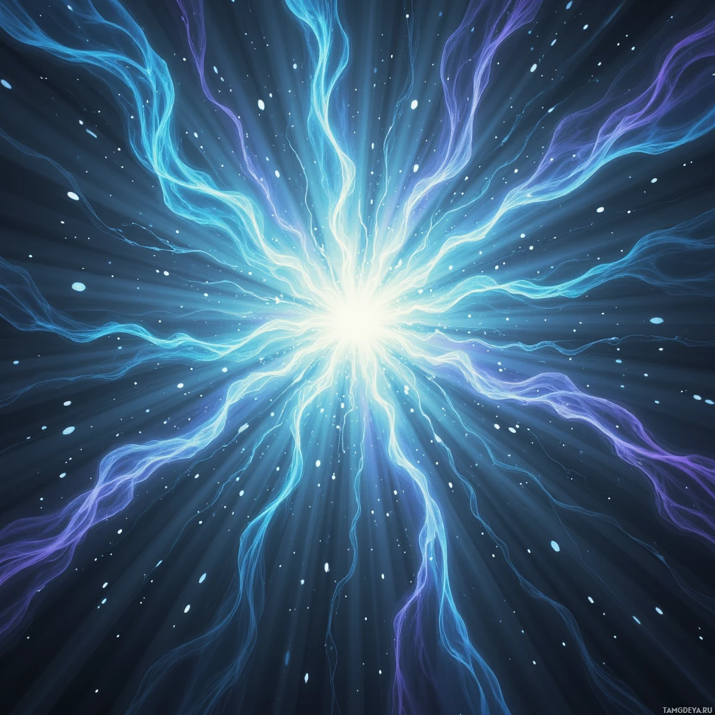 Сияющий взрыв света с закрученными потоками энергии и светящимися частицами.
