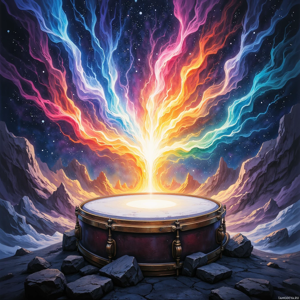 Яркая космическая сцена: предмет, похожий на барабан, излучает разноцветные волнистые лучи на фоне звездного ночного неба и скалистого горного пейзажа.