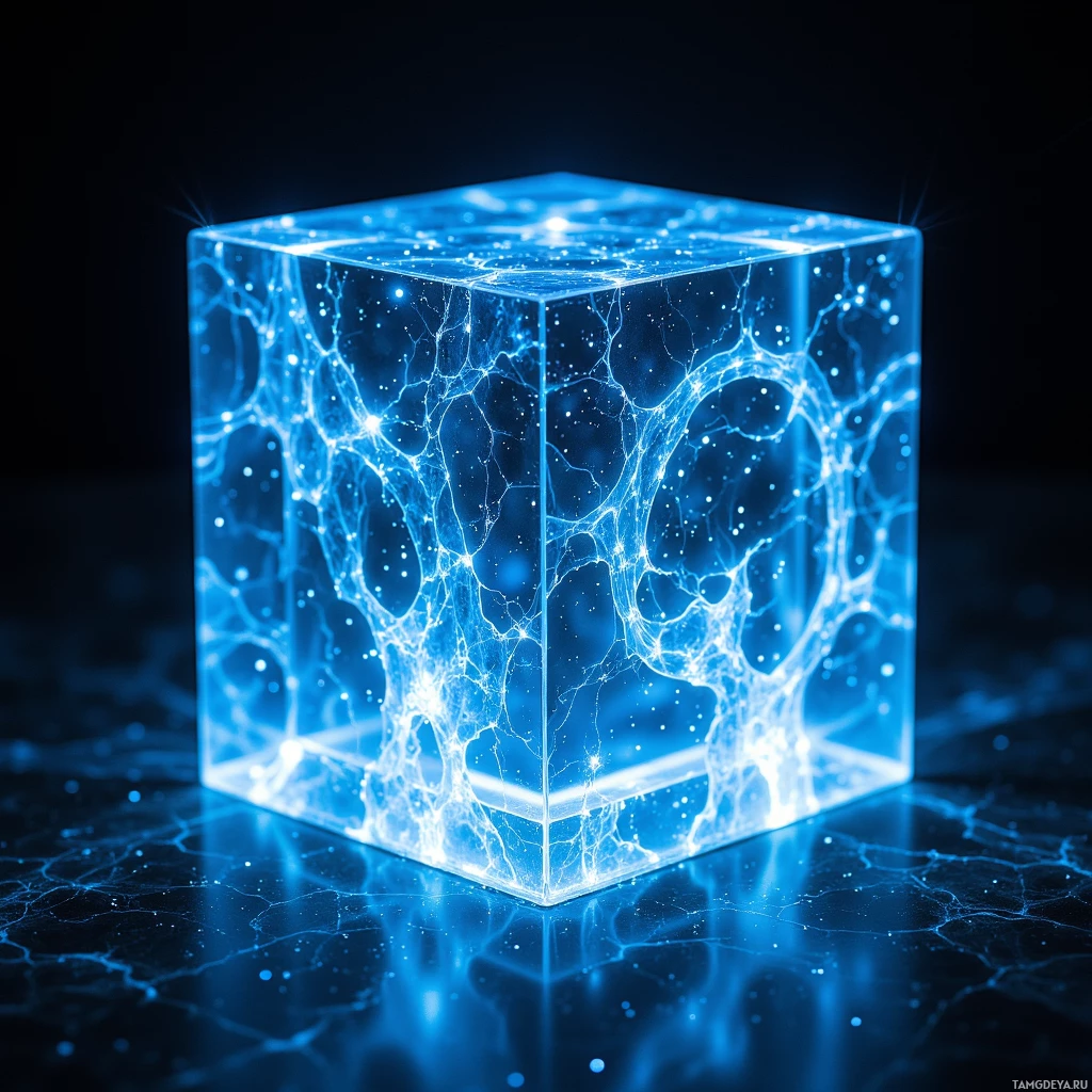 Светящийся синий куб с замысловатыми, мерцающими линиями и частицами внутри, на фоне темного пространства.