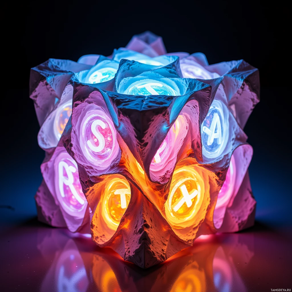 Светящийся, многогранный кристалл с буквами внутри, на темном фоне.