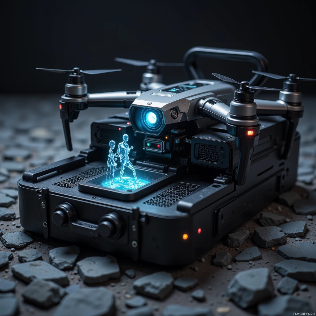 Футуристический дрон с голубой подсветкой и цифровым дисплеем.