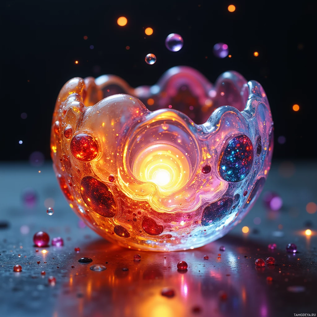 Светящаяся, полупрозрачная стеклянная чаша, наполненная яркими красками и переливающимися пузырьками.