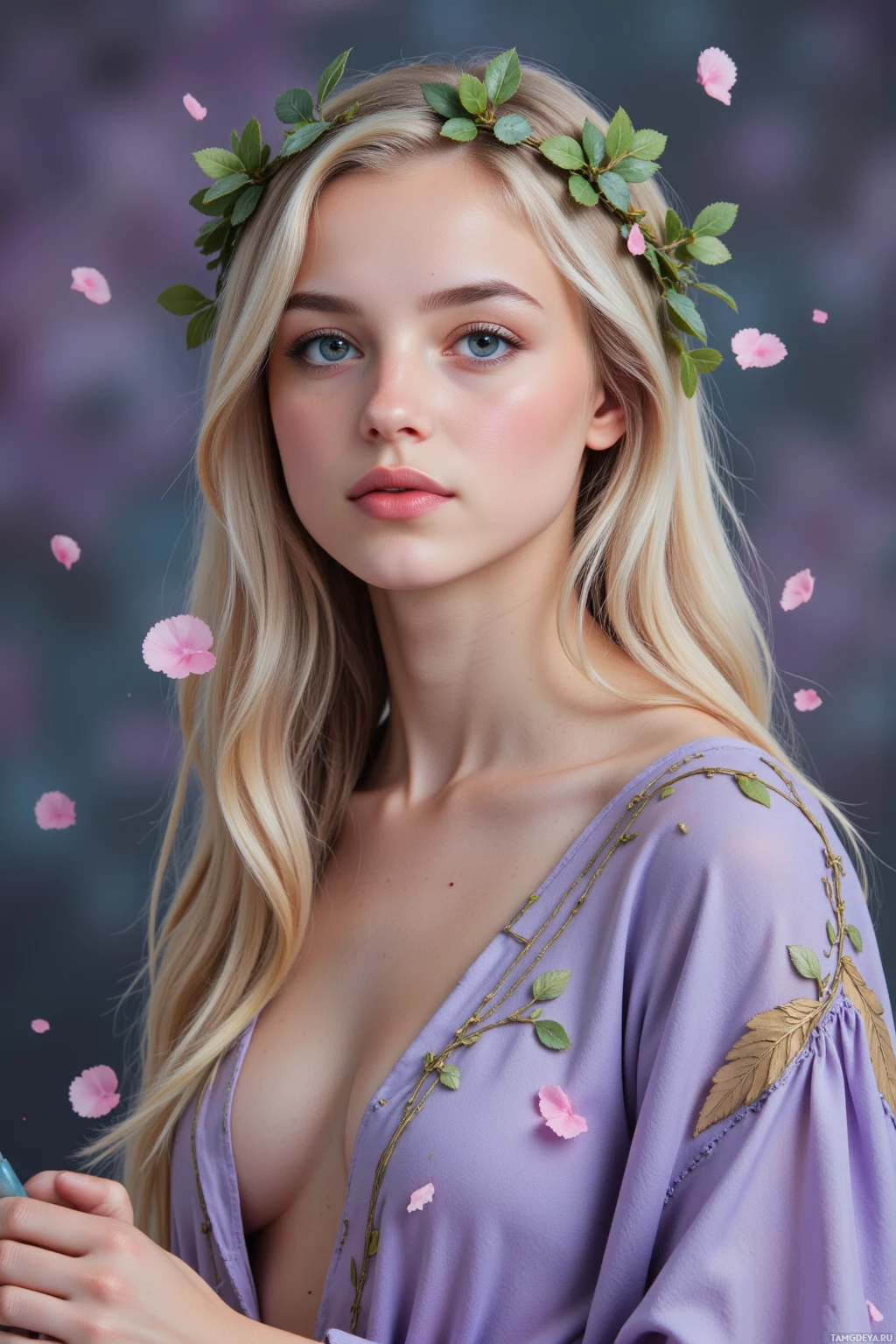 Женщина с длинными светлыми волосами, украшенными зелеными листьями и розовыми лепестками, в фиолетовом платье с цветочной вышивкой.