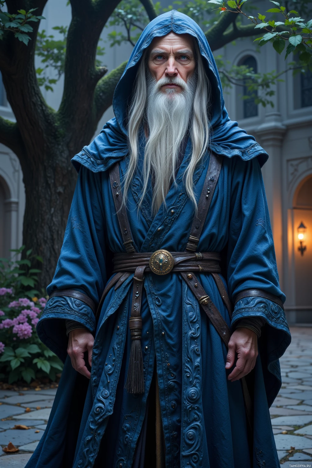 Пожилой мужчина с длинной белой бородой и синим капюшоном стоит во внутреннем дворе.