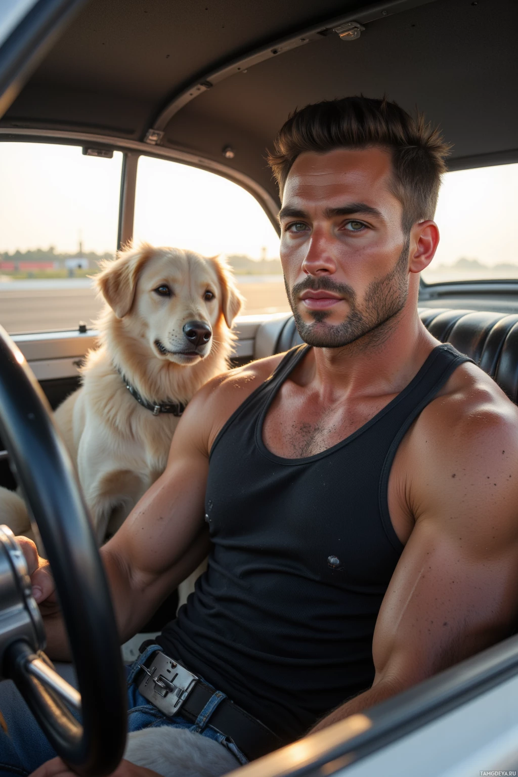 Мужчина и собака сидят в машине: мужчина за рулем, а собака смотрит в окно.