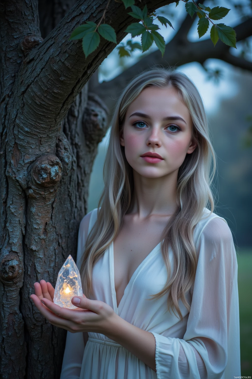 Молодая женщина в белом платье держит светящийся кристалл рядом с деревом.