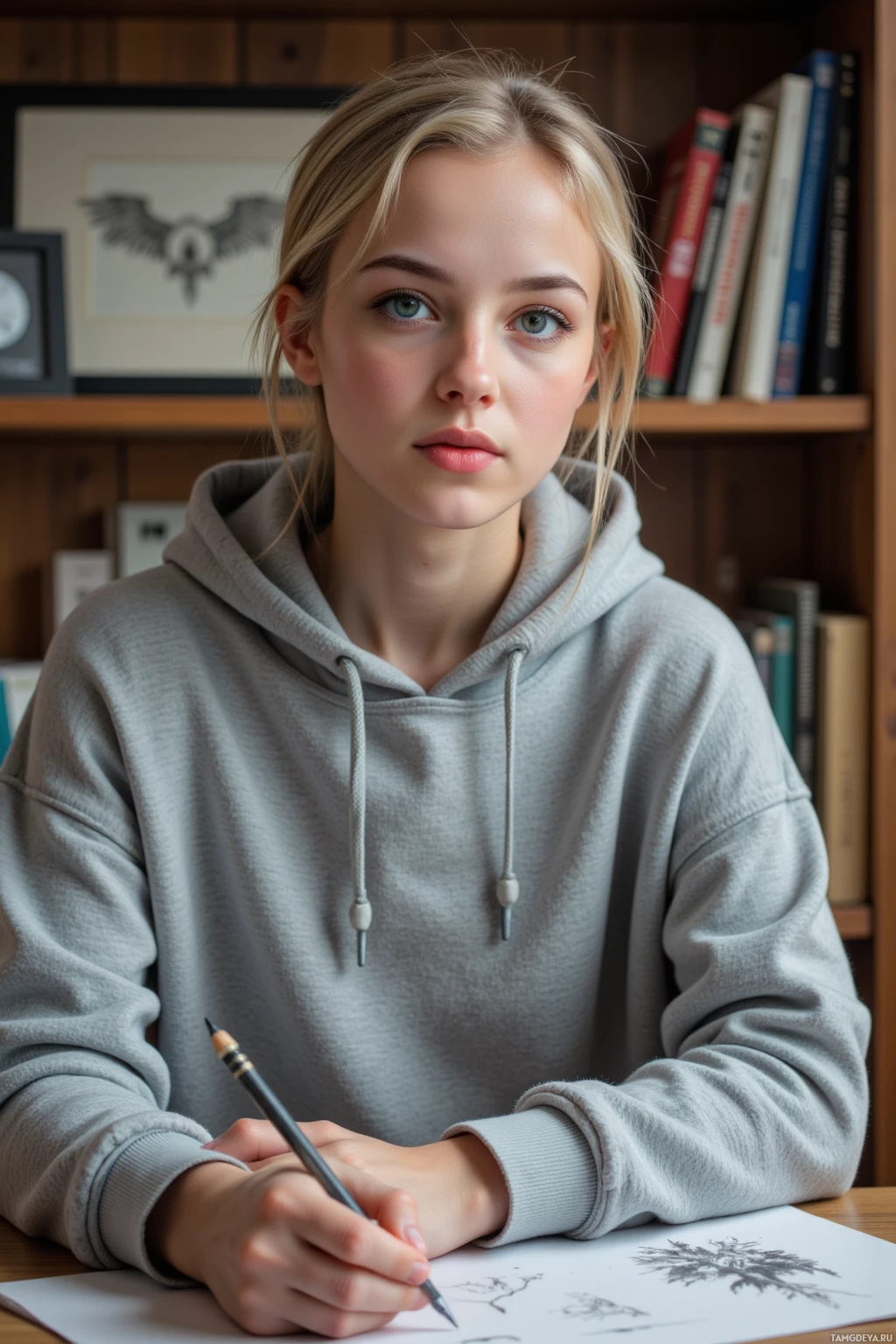Человек в серой толстовке сидит за столом, держа в руке карандаш и рисует на листе бумаги.
