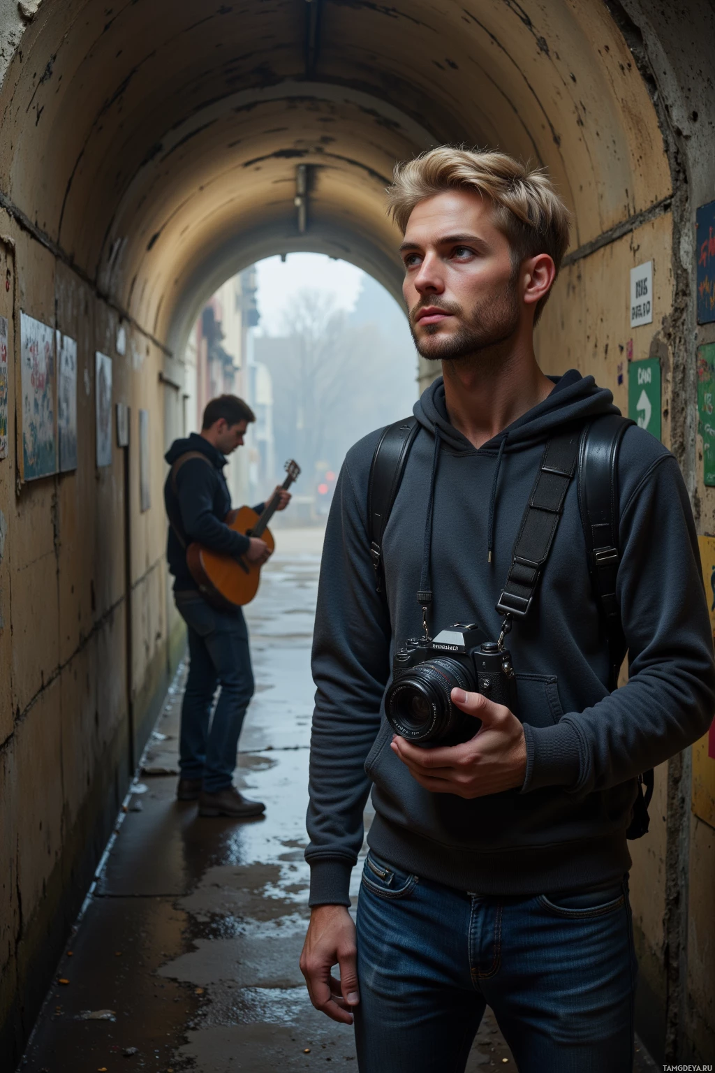 Мужчина в толстовке с камерой стоит в узком переулке, на заднем плане кто-то играет на гитаре.