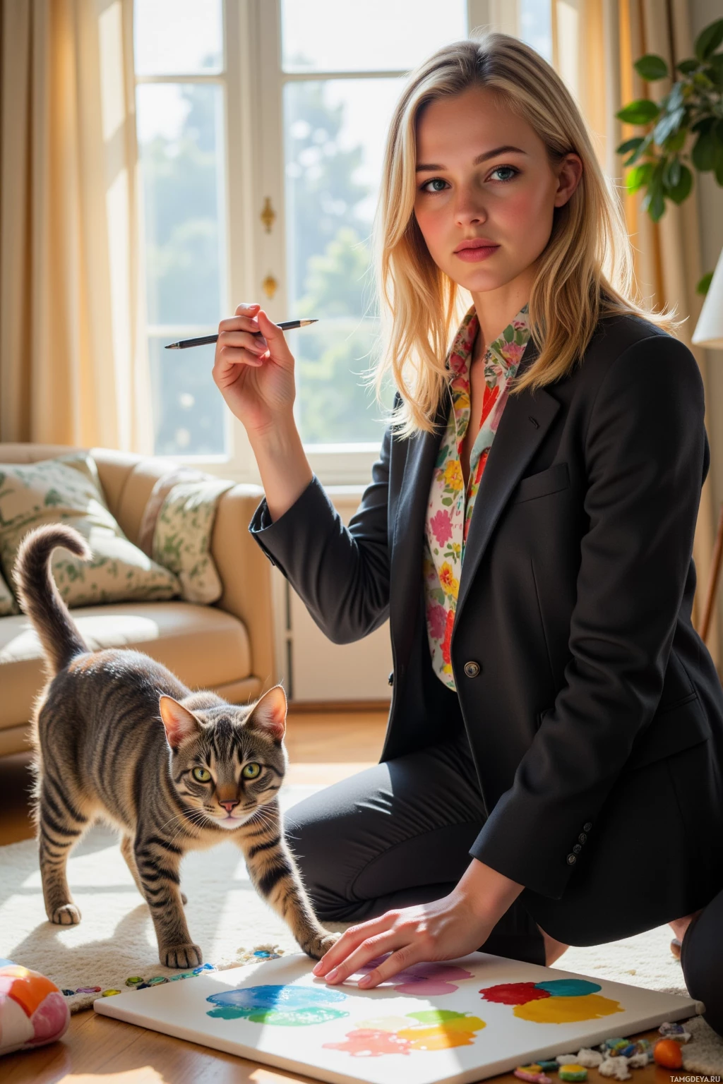 Женщина в костюме опустилась на колени рядом с кошкой, держа кисть для рисования возле холста, покрытого разноцветными мазками краски.