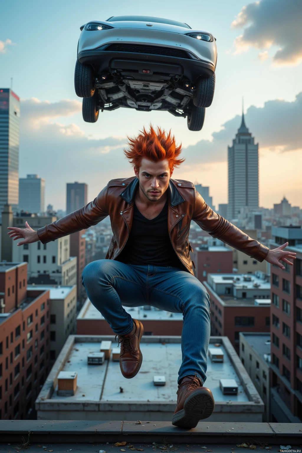 Мужчина в кожаной куртке прыгает с крыши, над ним висит автомобиль.