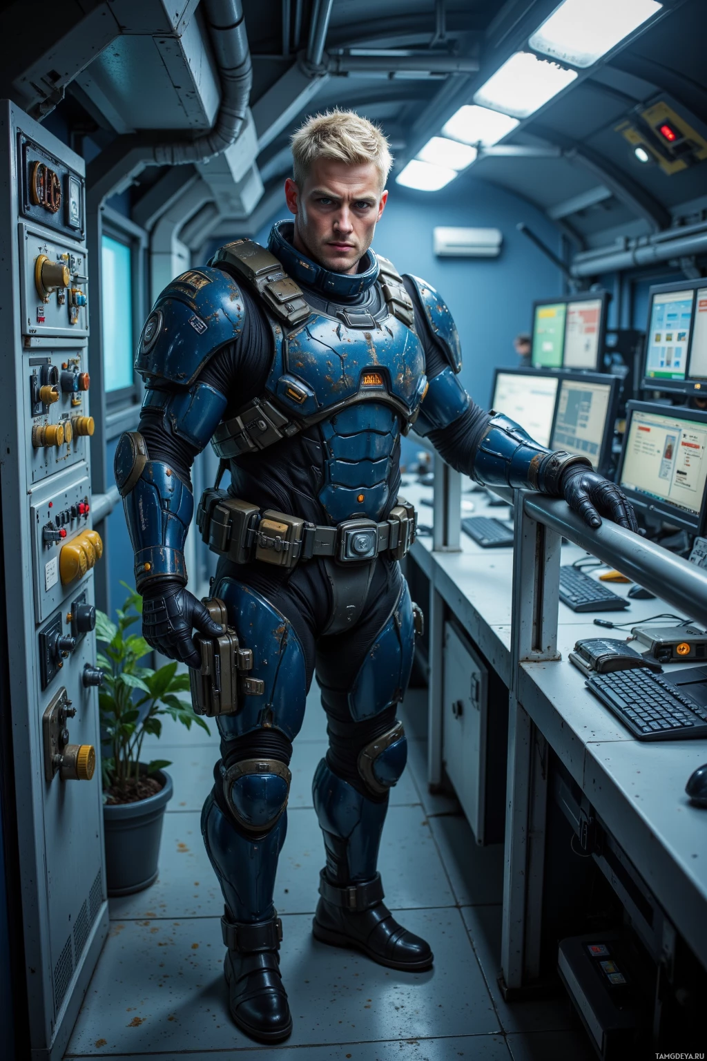 Человек в футуристическом синем бронированном костюме стоит в помещении управления, окруженный мониторами и панелями управления.