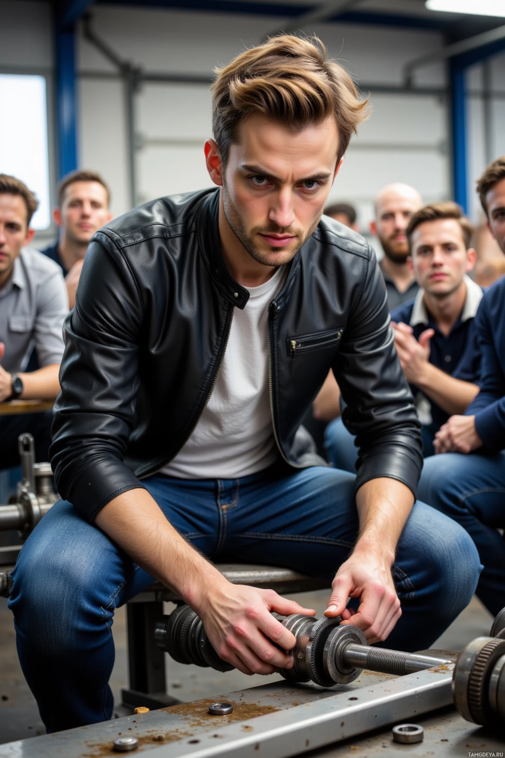 Мужчина в кожаной куртке и джинсах работает над механической деталью в мастерской.