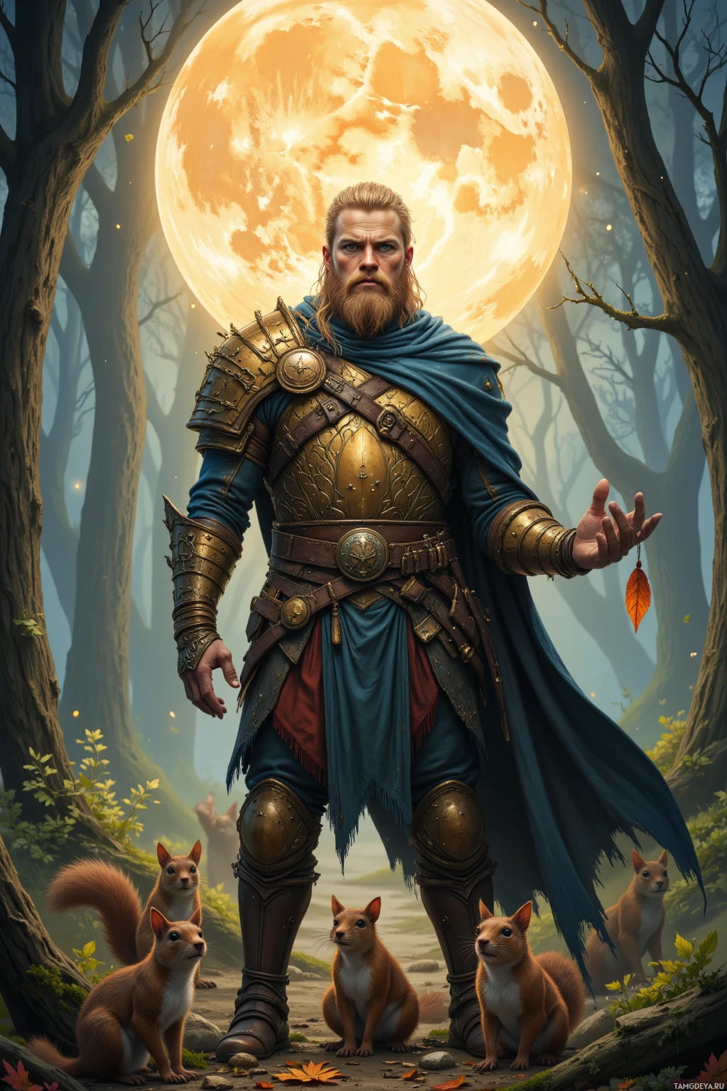 Воин в богато украшенных доспехах стоит в лесу на фоне огромной луны, в сопровождении белок.