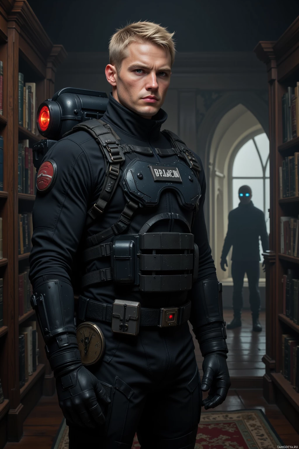 В библиотеке стоит человек в футуристическом черном костюме с красным светом на спине.