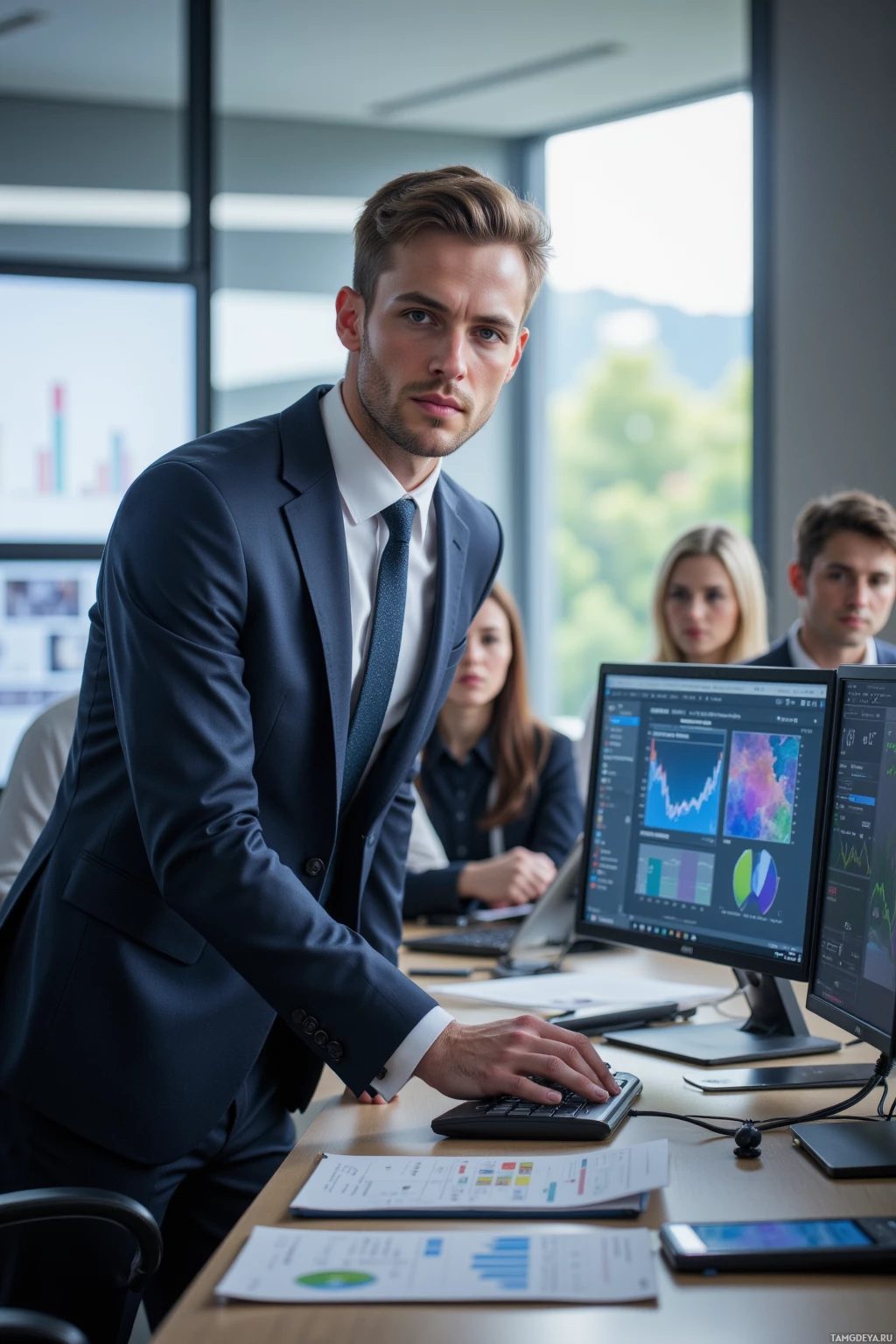 Мужчина в костюме, видимо профессионал, опирается на рабочий стол в офисе, среди коллег и компьютерных мониторов.