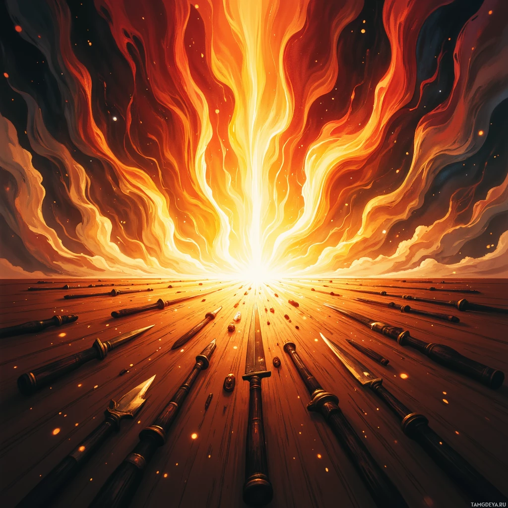 Огненное небо с сияющим источником света и множеством ножей, разбросанных по земле.