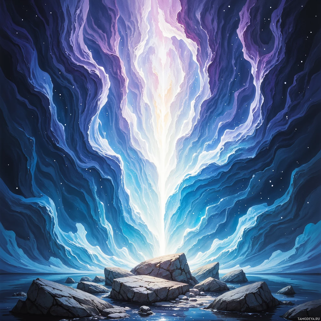 Спокойная ночная сцена, залитая мягким, неземным светом, струящимся с неба и освещающим скальные образования на переднем плане.