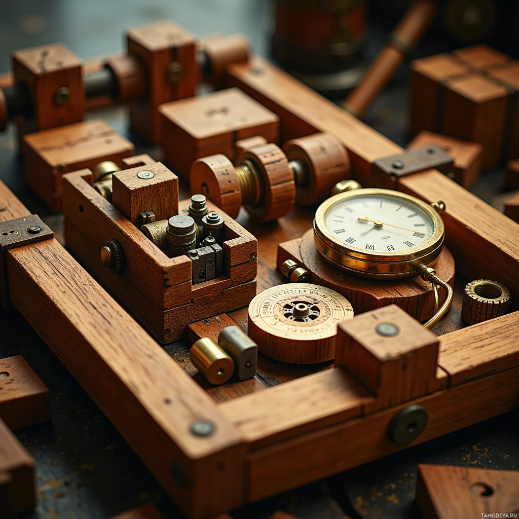 Крупный план старинных деревянных часов и их механизма.
