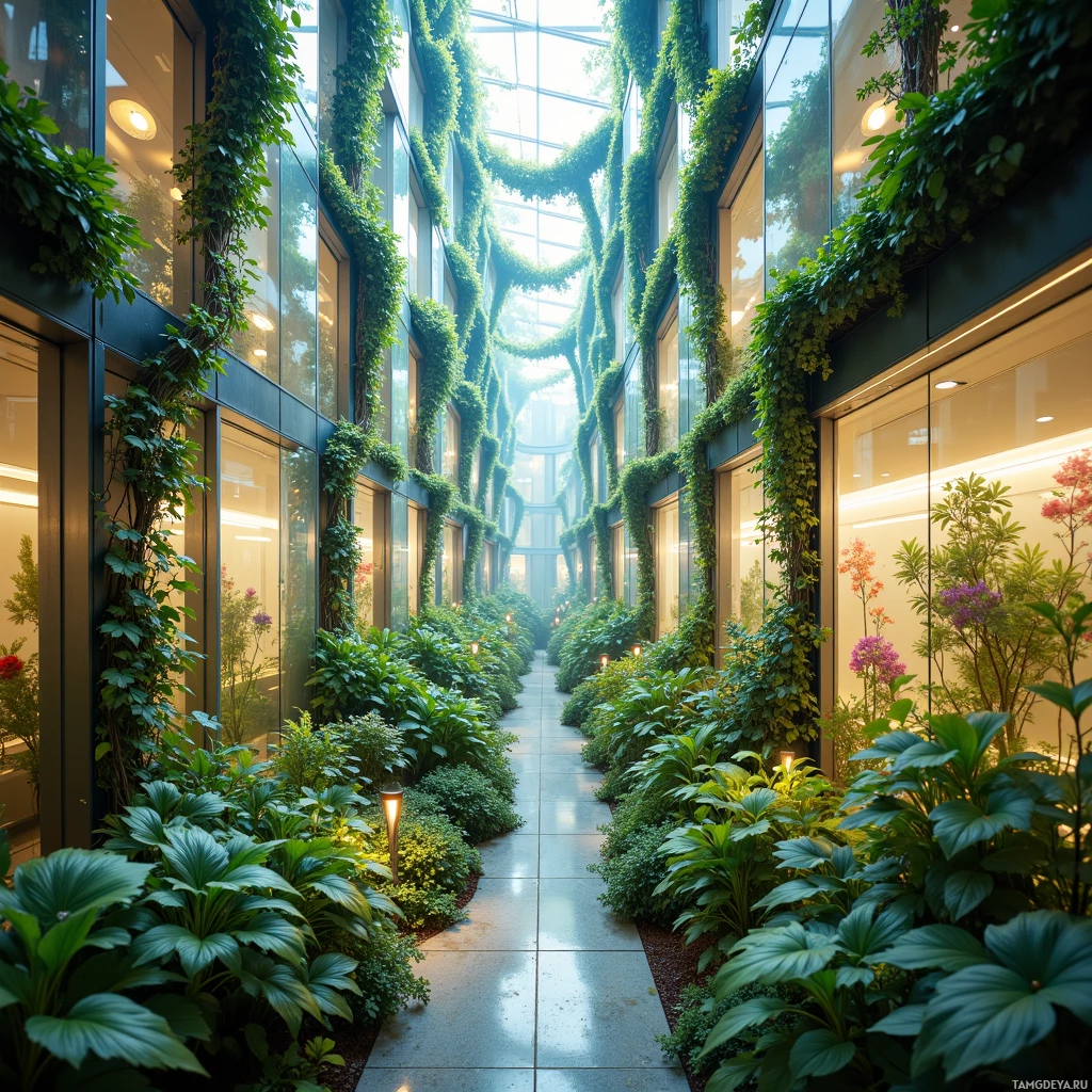 Современный интерьер здания включает в себя длинный коридор, утопающий в зелени.