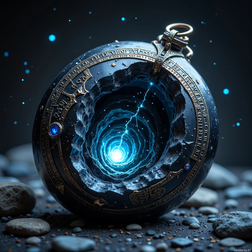 Сферический объект с сияющим голубым вихрем и сложной резьбой покоится на подстилке из камней.
