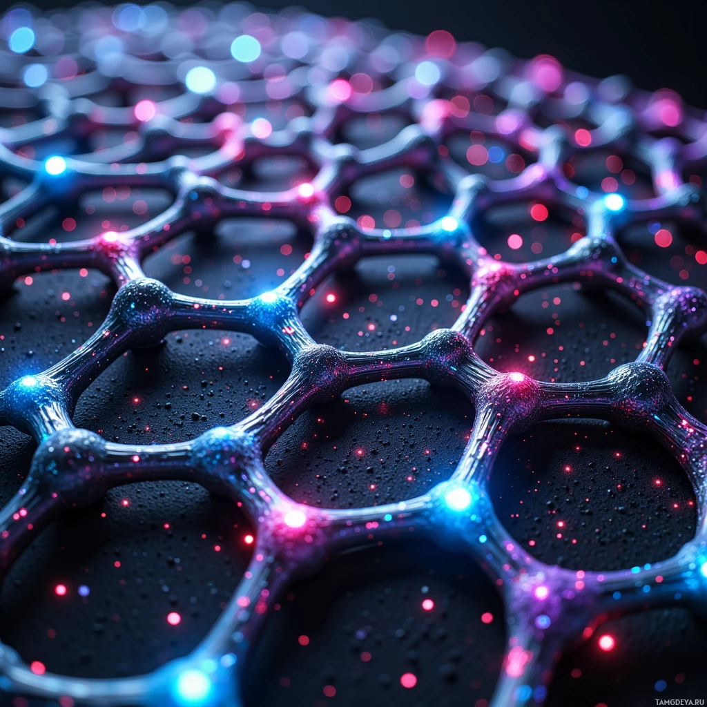 Крупный план светящейся, взаимосвязанной сети гексагональных структур, излучающих голубой и розовый свет.