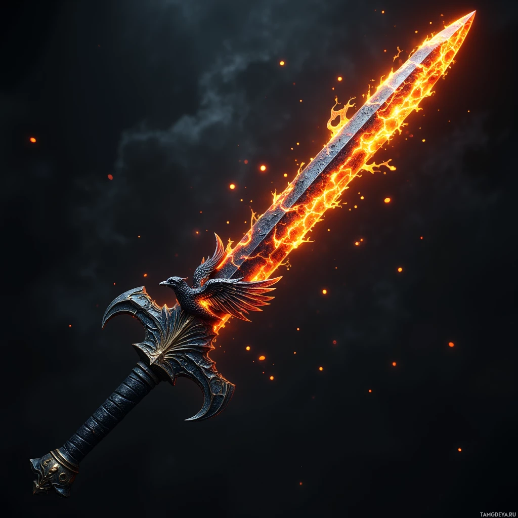 Пламенный меч с навершием в виде птицы на тёмном фоне.